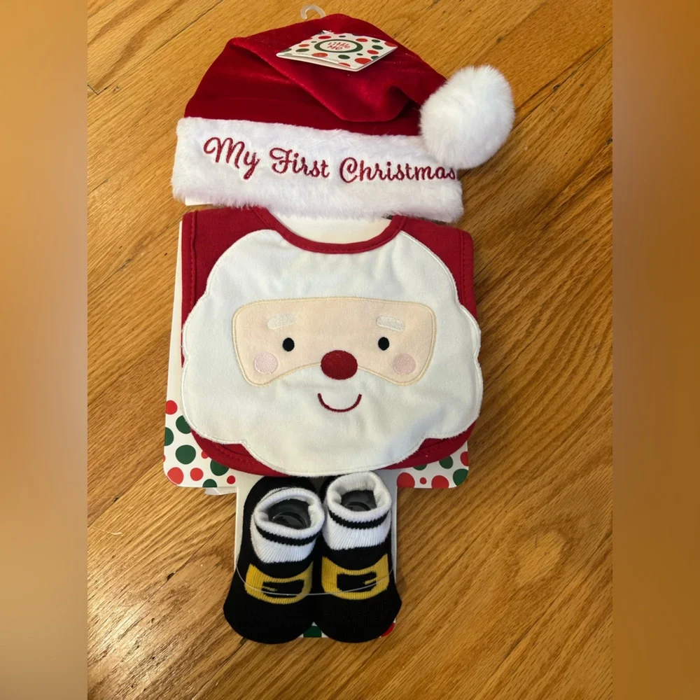 Santa Baby bib my first Christmas with Hat and Socks